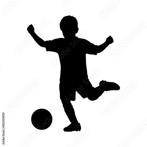 silhouette of a boy playing soccer against a white background