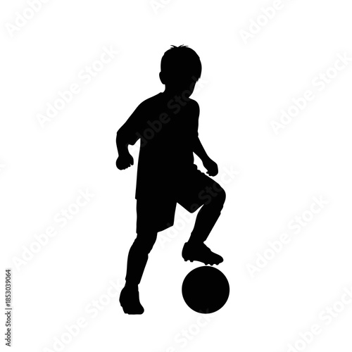 silhouette of a boy playing soccer against a white background