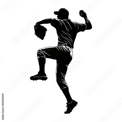 silhouette of a baseball pitcher with a white background