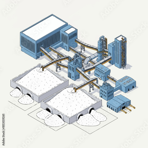 Industrial Processing Plant with Material Storage and Conveyor Systems.
