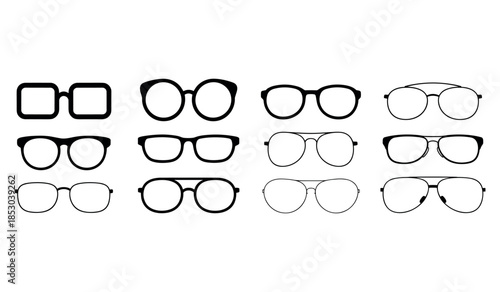 Assorted eyeglasses frames displayed against white background