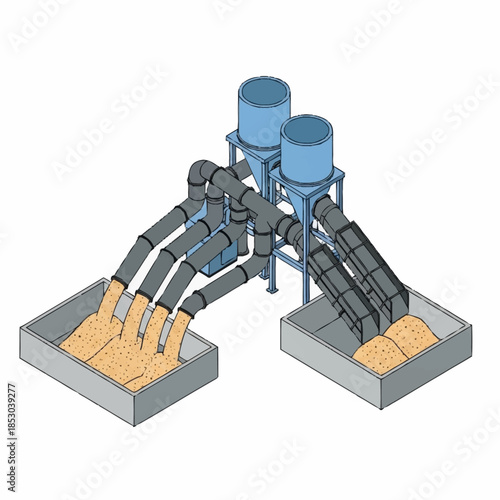 Industrial processing plant with silos and conveyor belts for material handling.
