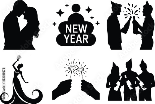 Festive new year silhouette design featuring celebratory elements on transparent background high quality professional