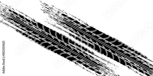 Grunge tire track, wheel braking marks. Truck, car or motorcycle tread pattern silhouette. Auto race, motorsport, speed racing design element. Vector illustration
