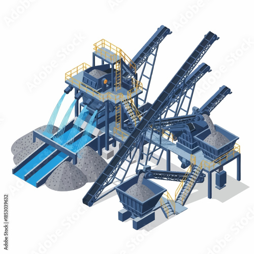 Isometric illustration of a large industrial aggregate crushing and screening plant.