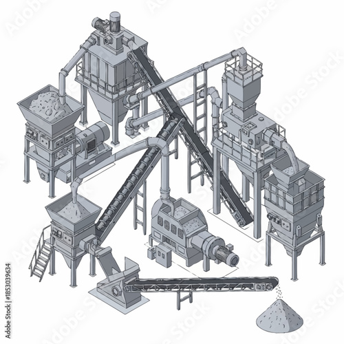 Isometric illustration of a complex industrial processing plant with various machinery and conveyor belts.