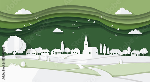 Green paper cut city landscape illustration with layered hills, skyline silhouette, clouds and birds, eco friendly nature background design