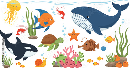 Cute underwater ocean animals vector illustration set with whale shark turtle fish coral and sea life characters