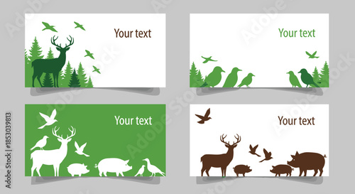 Green wildlife nature banner collection with forest animals silhouettes, eco friendly design templates for environmental conservation and natural habitat themes