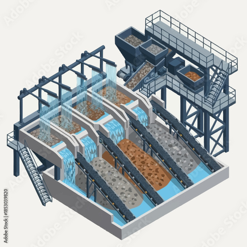 Isometric illustration of a mineral processing plant with multiple sorting stages.