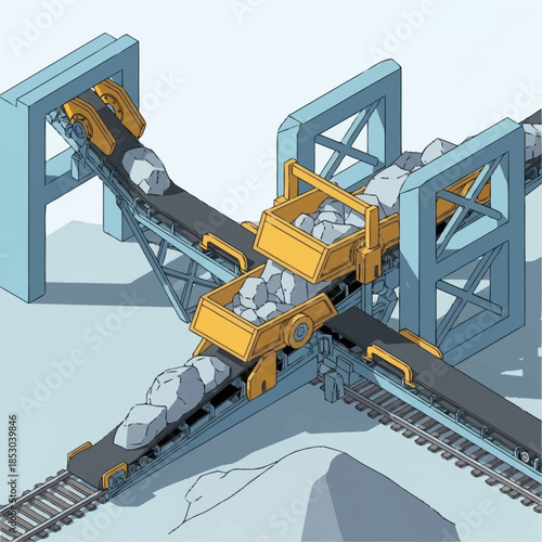 Isometric illustration of a mining conveyor belt system transporting raw materials.