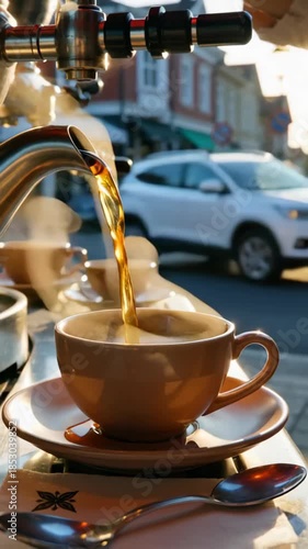 A warm cup being filled with tea as sunlight filters through a bustling street, suggesting comfort and relaxation