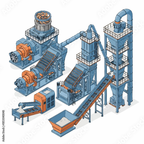 Isometric industrial factory plant with heavy machinery and conveyor belts.