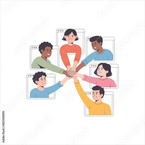 Diverse Team Joining Hands in Online Video Conference Flat Illustration