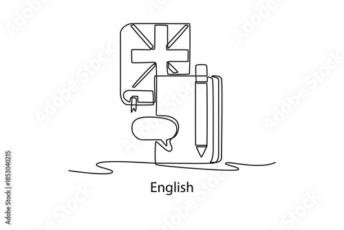 English. School Subject concept. Single line draw design. Vector graphic illustration