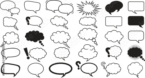 Collection of hand drawn speech bubbles and thought bubbles in various shapes and styles