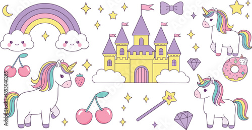 Cute unicorn fantasy vector illustration set with rainbow castle stars magic wand clouds and kawaii fairytale elements