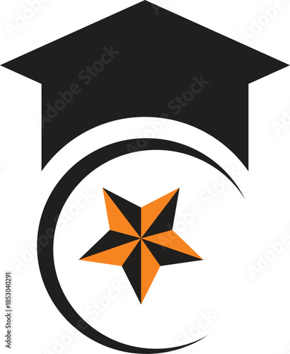 Black and white origami star logo featuring a 3d vector illustration of a graduation cap and university diploma symbol for a student education icon or web sign
