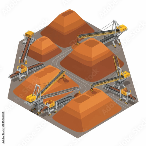 Isometric view of a large industrial mining site with conveyor belts and material piles.