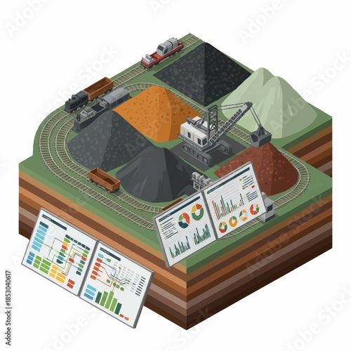 Isometric view of a mining operation with various raw materials and data analysis.