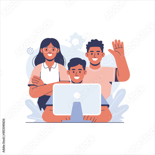 Happy Family Using Laptop Together at Home, Modern Flat Illustration