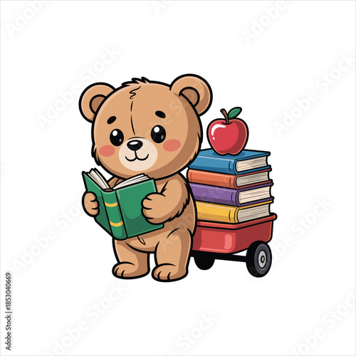 Cute Teddy Bear Reading Book with Stack of Books Illustration