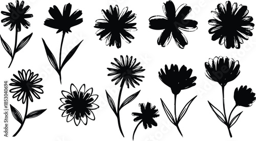 Flower brush hand drawn vector set. Hand drawn doodle flower, floral leaf elements in brush stroke ink style. Simple abstract botanical silhouette set for nature black paint art.
