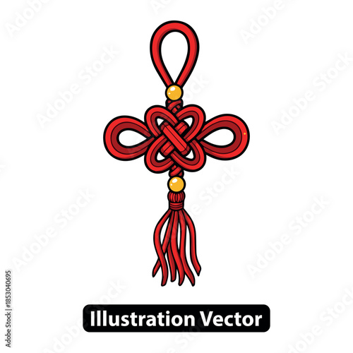 An intricate red decorative knot illustration with golden accents and tassel on a white background