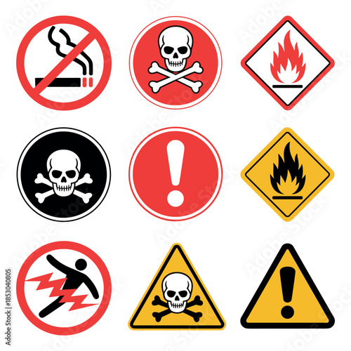 Warning signs indicating danger and hazardous materials warning, danger, hazard, toxic, poison, fire, risk