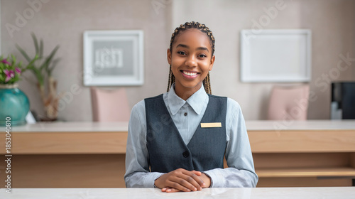 Friendly young African American woman receptionist with braided hair smiling at hotel front desk. Professional hospitality, customer service, and corporate business concept