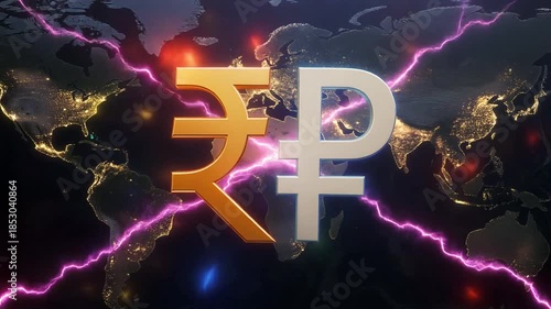 Ultra realistic 3D rendering: Massive stylized golden symbols of ₹ Rupee and ₽ Ruble standing side-by-side on a white financial chart background, 4k.