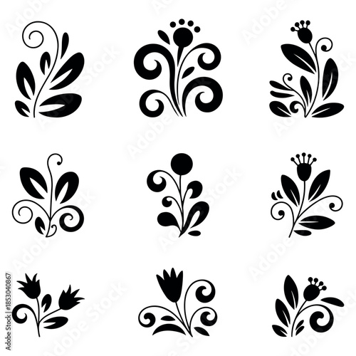 Collection of elegant black floral designs on white background