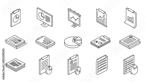 Set of 15 isometric business icons. Charts, graphs, lists, documents displayed. Black outlines, white fill, no color