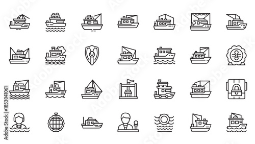 Set of black line icons of different types of vessels and related objects, isolated on white