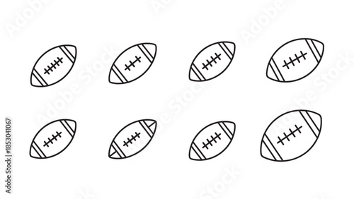 Set of eight football outline icons evenly spaced on a plain white background