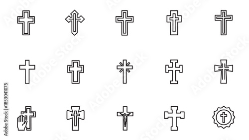 Set of fifteen different crucifix crosses on a white background drawn with black vector lines in the outline style