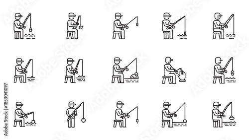Set of line art icons depicting figures fishing while sitting on a stool or standing by a body of water