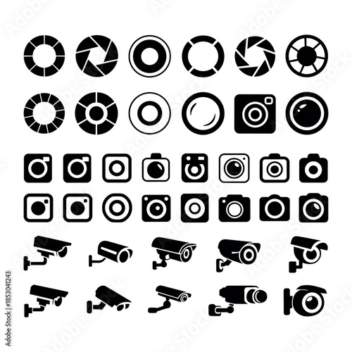 Collection of camera and security icons in black and white