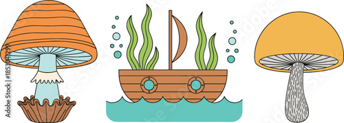 Cute whimsical mushroom and mini aquarium boat vector illustration set with fantasy nature elements
