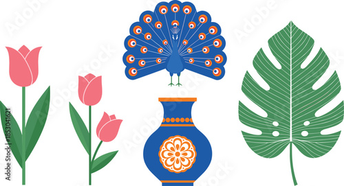 Decorative floral and peacock vector illustration set with tulips ceramic vase tropical leaf and elegant flat design