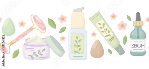 Seamless border with beauty products, leaves and flowers. Horizontal pattern with skincare cosmetics