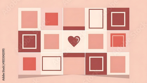 Warm and inviting grid of squares and rectangles in soft pink and coral tones, featuring a central heart motif, symbolizing love and connection.