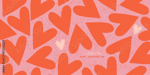 Cute valentines day background decorated with red hearts on pink. Vintage hand drawn line art vector illustrations for wedding or valentine day card invitations, poster, event placard or party banner.