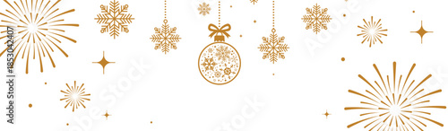 Festive golden Christmas and New Year background with hanging star ornaments, snowflakes and fireworks on white, elegant holiday banner for seasonal greetings, invitations and celebrations.