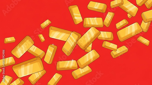 Golden bars falling on red background, shiny gold bullion scattered
