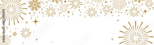 Festive golden Christmas and New Year background with hanging star ornaments, snowflakes and fireworks on white, elegant holiday banner for seasonal greetings, invitations and celebrations.