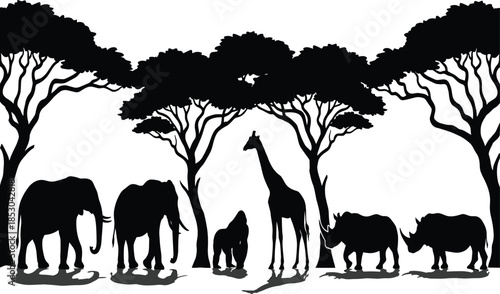 African wildlife silhouettes, elephant, giraffe, rhino, gorilla, savanna trees, acacia, nature, safari animals, black vector, landscape, ecosystem, clipart