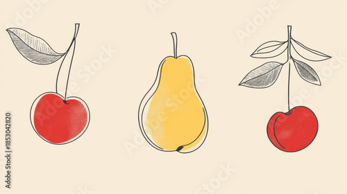 Hand drawn ink sketch and watercolor stain fruits seamless pattern.