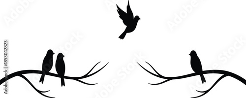 Bird silhouettes, flying bird, perched birds, tree branches, nature, minimalist vector, black illustration, wildlife, peaceful, elegant design, clipart, art