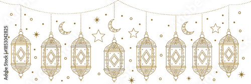 Elegant Ramadan lantern garland vector illustration with hanging Arabic lamps crescent moons stars and festive Islamic decor